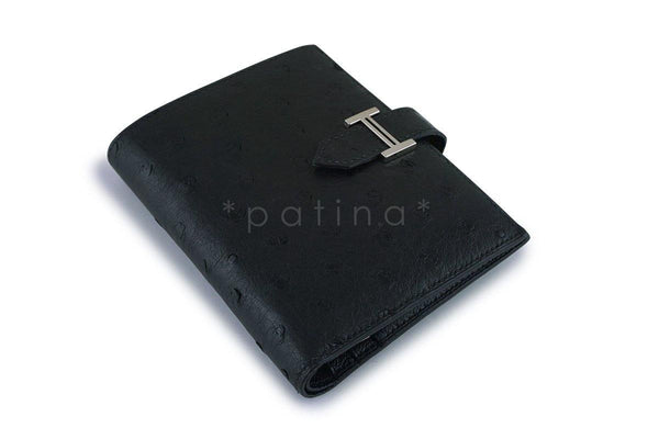 Hermes Black Ostrich Portefeuille Bearn Compact Wallet - Boutique Patina