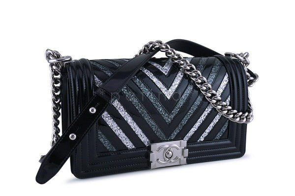 NWT 17K Chanel Black Glitter Chevron Patent Boy Flap Medium Bag - Boutique Patina
