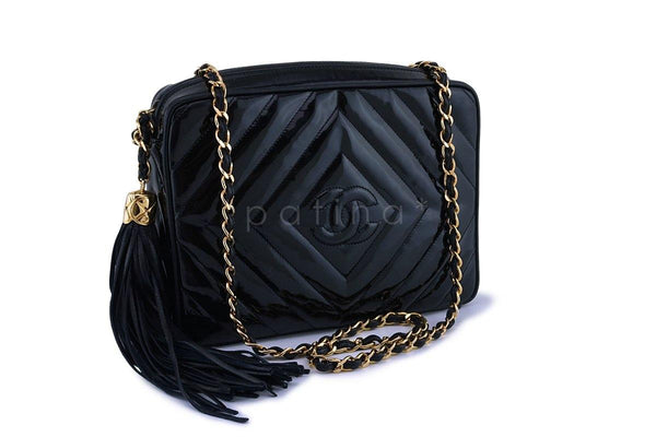 Chanel Pristine Vintage Black Patent Classic Quilted Camera Case Bag - Boutique Patina