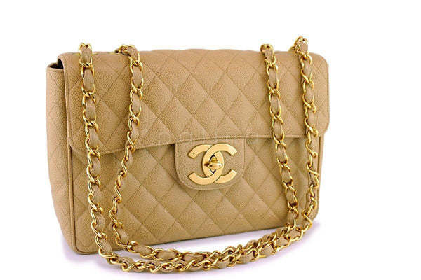 Chanel Vintage Caviar Camel Beige Jumbo Classic Flap Bag 24k GHW - Boutique Patina