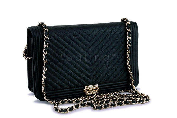NIB Chanel Black Caviar Chevron Boy Classic WOC Wallet on Chain Flap Bag GHW - Boutique Patina