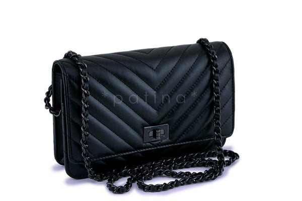 NIB 17K Chanel So Black Calfskin 2.55 Reissue Chevron WOC Wallet on Chain Bag - Boutique Patina