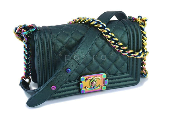 16C Chanel Iridescent Emerald Green Small Boy Classic Flap Bag Rainbow HW - Boutique Patina