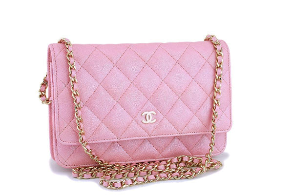 NIB 19S Chanel Iridescent Pearly Pink Classic Wallet on Chain WOC Flap Bag GHW - Boutique Patina