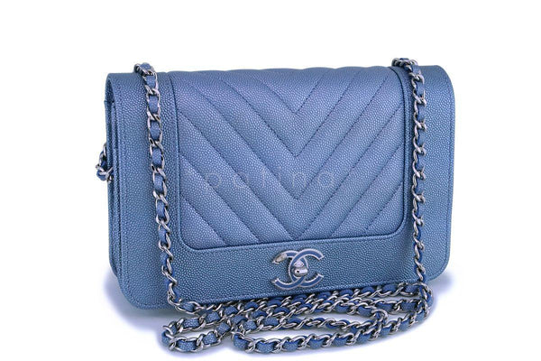 NIB 19P Chanel Pearly Blue Iridescent Chevron Wallet on Chain WOC Flap Bag - Boutique Patina