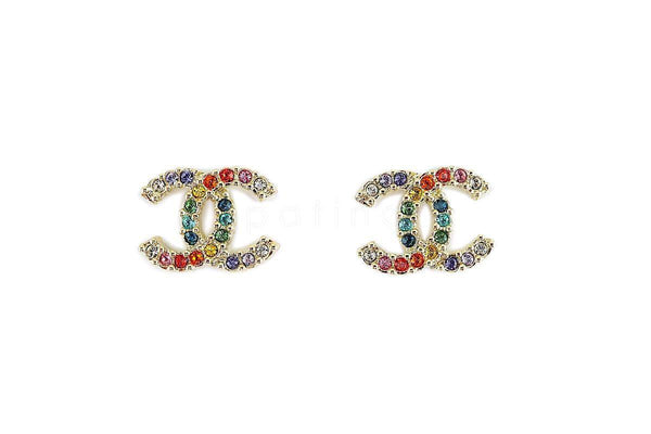 NIB 19S Chanel Rainbow Multicolor Crystal Classic CC Stud Earrings GHW AB1552 - Boutique Patina