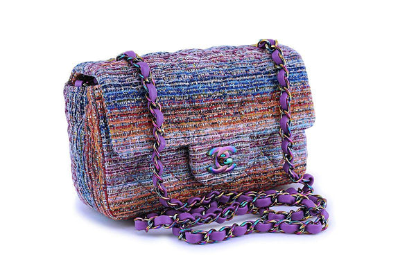 NIB 20C Chanel Purple Tweed Rectangular Classic Mini Flap Bag Rainbow Iridescent HW - Boutique Patina