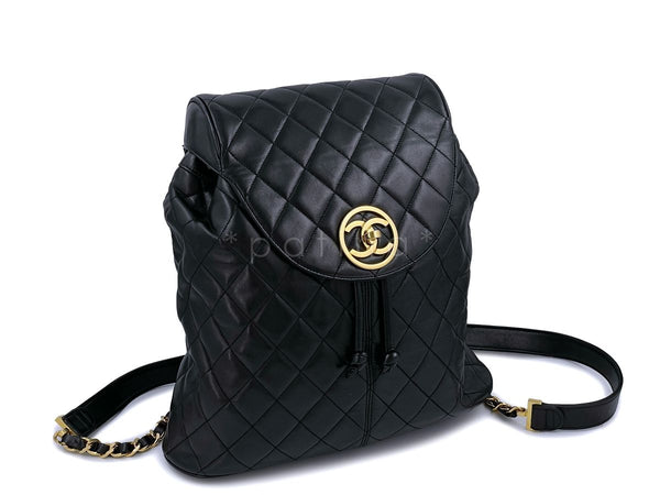 Chanel Vintage 1992 Black Quilted Classic Backpack Bag Encircled CCs - Boutique Patina