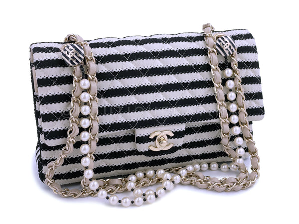 Chanel Beige-Black Coco Sailor Pearls Medium Classic Double Flap Bag GHW - Boutique Patina
