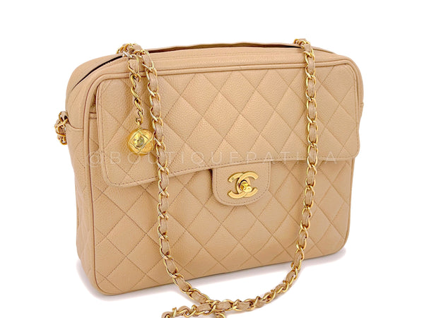 Chanel Vintage Beige Caviar Classic Quilted Flap Camera Case Bag 24k GHW - Boutique Patina