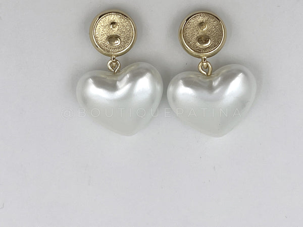 Chanel 21A Coco Neige Pearl Heart Crystal CC Dangle Drop Earrings - Boutique Patina