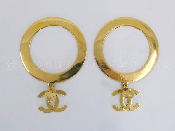 Chanel 1980s Vintage CC Hoop Drop Earrings Gold Plated