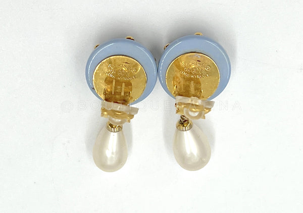 Chanel Vintage 96C Rare Pale Blue Gold Studded Pearl Drop Earrings - Boutique Patina