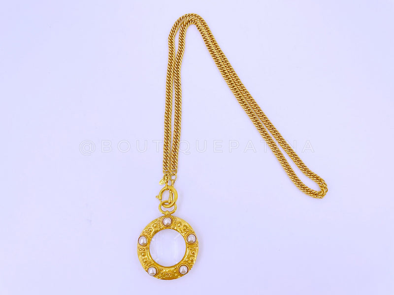 Chanel Vintage Collection 23 Pearl Studded Magnifying Glass Pendant Long Chain Necklace - Boutique Patina