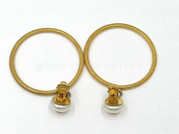 Chanel Vintage 97P Pearl CC Matte Gold Hoop Dangle Earrings - Boutique Patina