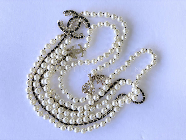 Chanel 20C Long Pearl Necklace Triple Strand Crystal Woven CC - Boutique Patina