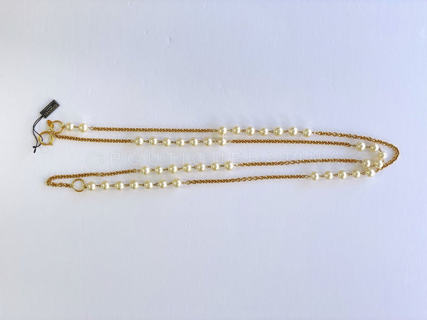 Chanel Vintage 67" Long Pearl and Gold Chain Double Stranded Station Necklace - Boutique Patina