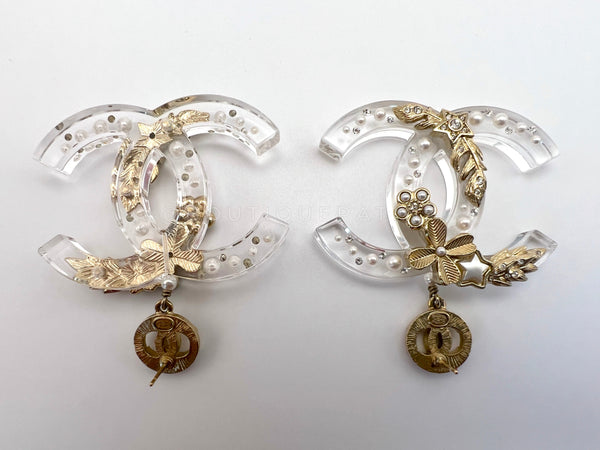 Chanel 19K Clear Acrylic Large CC Ornamental Drop Dangle Earrings