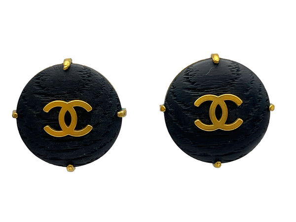 Chanel Wooden Stud Earrings Black Pronged 94P Large
