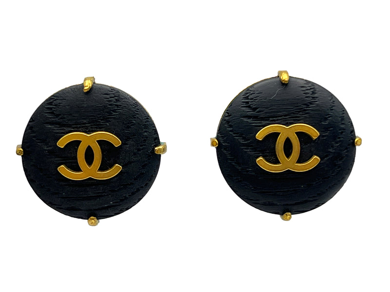 Chanel Wooden Stud Earrings Black Pronged 94P Large