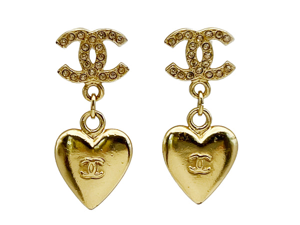 Chanel 02P Gold Crystal CC Heart Drop Earrings