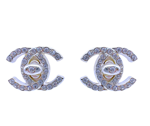 Chanel Silver Crystal Turnlock Stud Earrings Classic 95A Studded