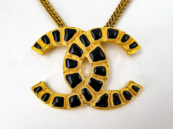 Chanel 19A Egyptian Collection Large CC Choker Necklace Gold and Black Enamel