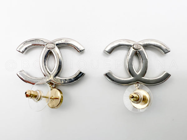 Chanel 20B Large CC and Pearl Drop Earrings Silver and Gold
