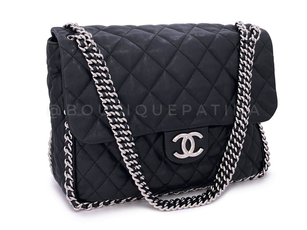 Pristine Chanel Black Aged Calfskin Chain Around Maxi Flap Bag SHW