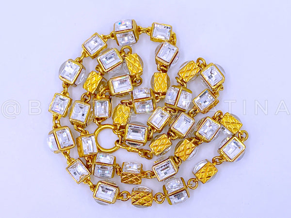 Chanel 1980s Vintage Massive Crystal Cube Long Necklace Gold Plated