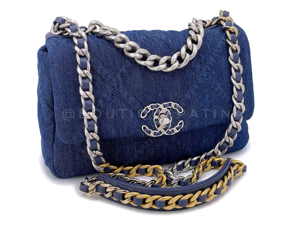 Pristine 22P Chanel 19 Medium Dark Blue Denim Flap Bag