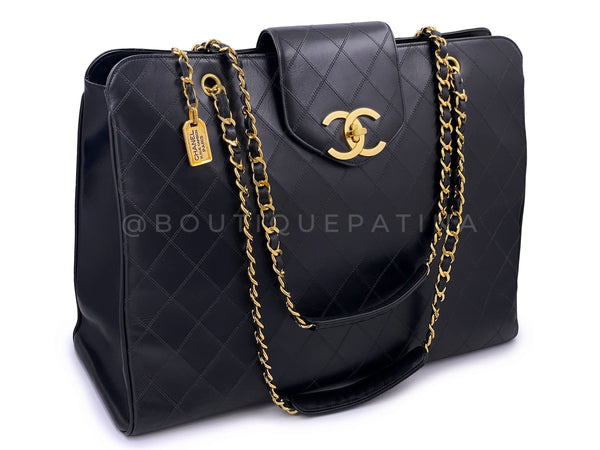 Chanel 1991 Vintage Black Quilted Supermodel Weekender Tote Bag 24k GHW