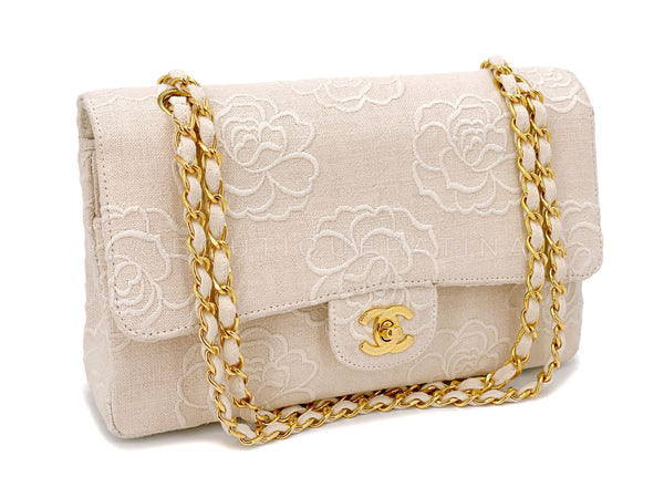 Chanel 1997 Cream White Linen Camellia Medium Double Flap Bag 24k GHW