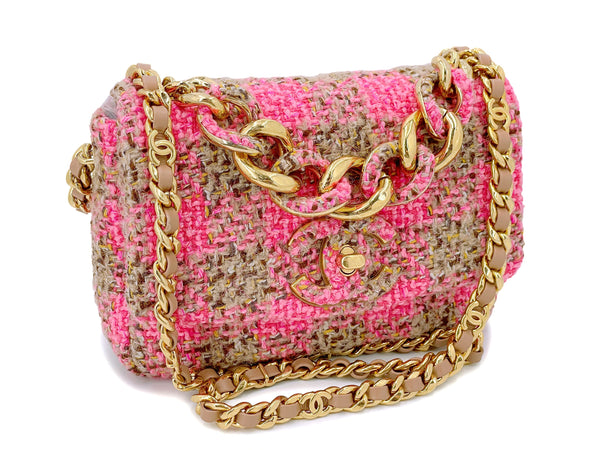 Chanel 2022 Fuchsia Pink Beige Quilted Tweed CC Chain Small Flap Bag