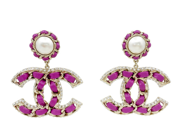 Chanel 21P Magenta Pink, Gold and Pearl CC Drop Earrings