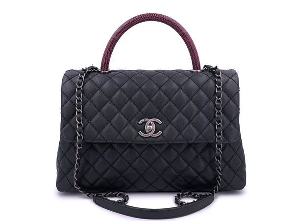 Chanel Medium Caviar Coco Handle Flap Bag Black 2-Way Lizard RHW