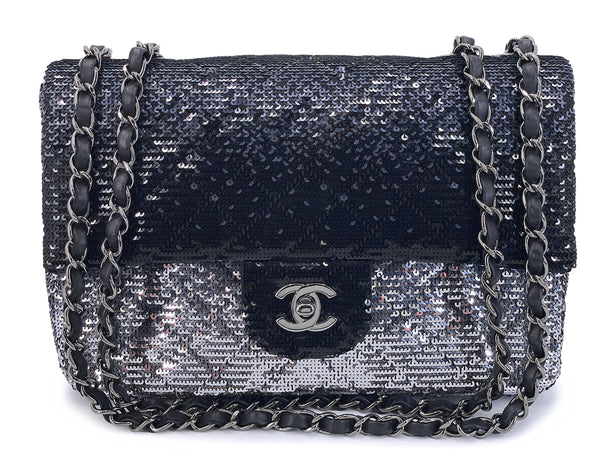 Chanel 2015 Black Silver Quilted Sequin Medium Classic Flap Bag