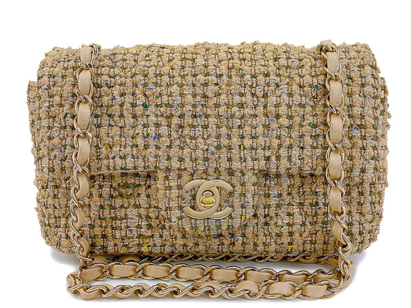 Chanel Caramel Beige Gold Tweed Rectangular Mini Flap Bag GHW