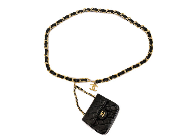 Pristine Chanel Vintage Woven Chain Mini Pouch Belt Black
