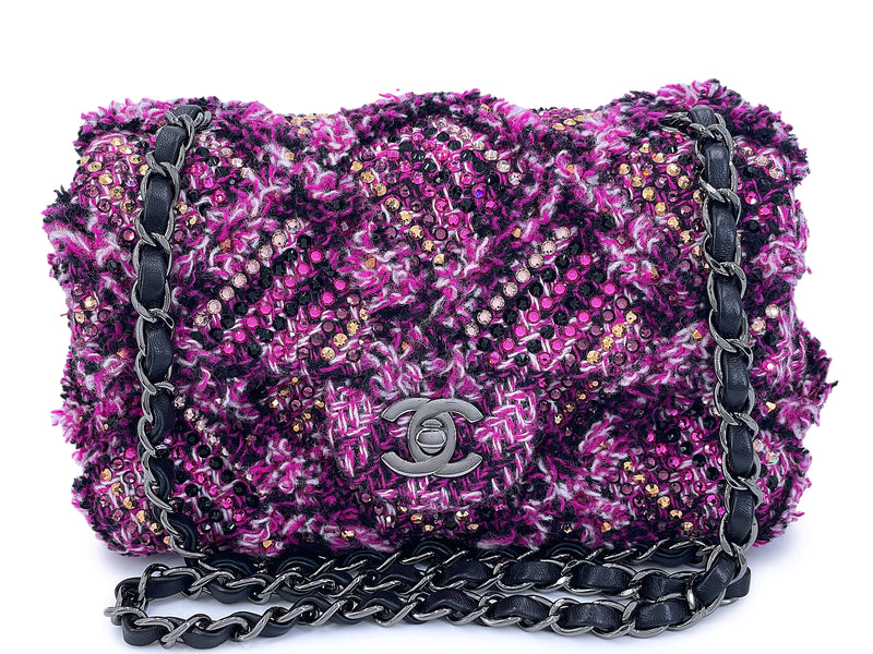 Chanel 2020 Violet Fuchsia Pink Crystals Wild Tweed Rectangular Mini Flap Bag RHW
