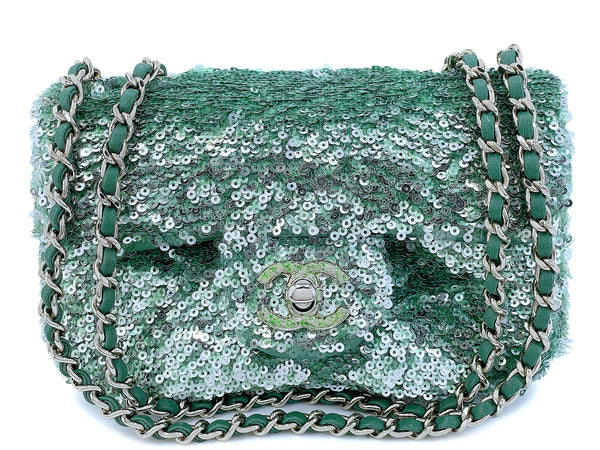 Rare Chanel Mermaid Green Sequins Mini Flap Bag Etched CC SHW