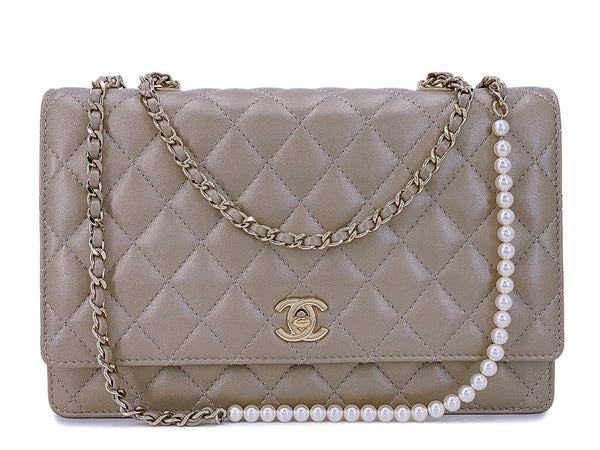 Chanel Metallic Taupe Fantasy Pearl Clutch on Chain Crossbody Flap Bag