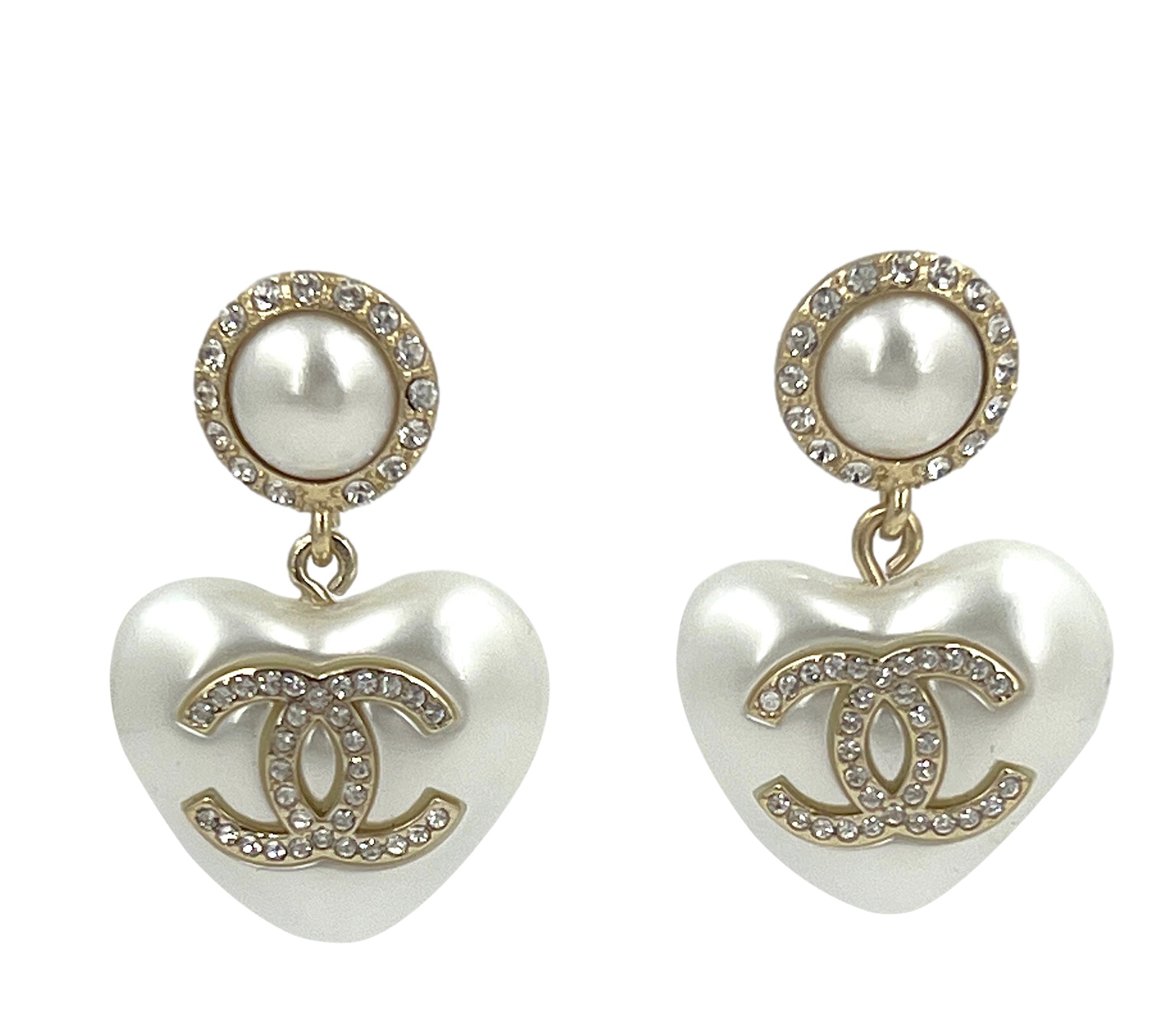Chanel Drop CC Earrings 22K in Gold, Pearly White & Crystal