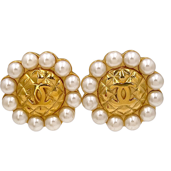 Vintage Chanel Round Clip Earrings with Crystal CC Charms