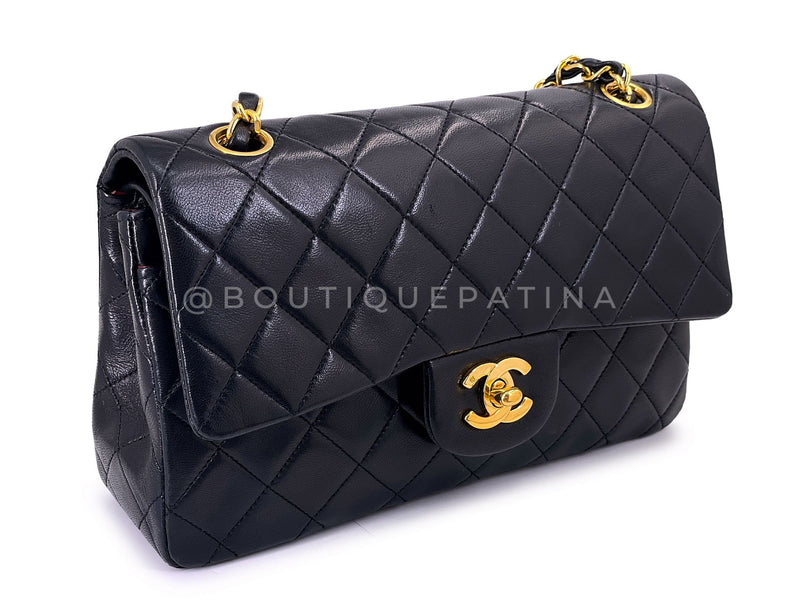 Chanel 1990 Vintage Black Lambskin Small Classic Double Flap Bag 24k GHW AGE