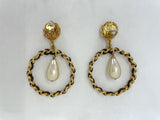 Chanel Vintage Woven Chain Collection 27 Pearl Tear rop Hoop Earrings