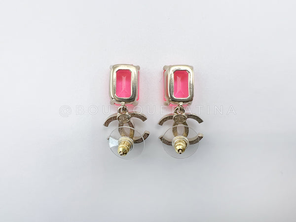 Chanel 21S Crystal CC Pink Baguette Drop Earrings