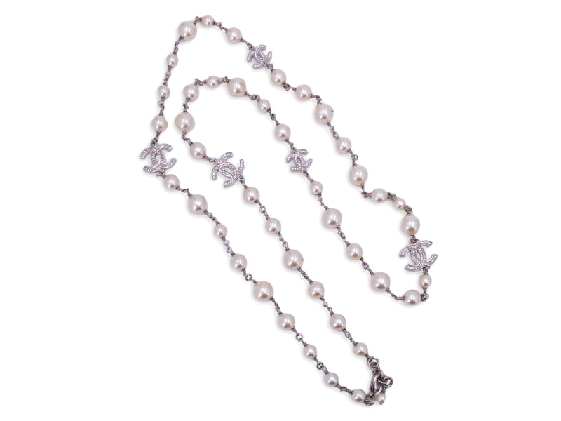 Chanel Classic Opera Pearl and Crystal CC Strand Necklace Silver 15V