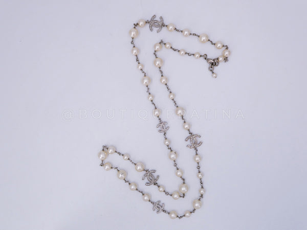 Chanel Classic Opera Pearl and Crystal CC Strand Necklace Silver 15V