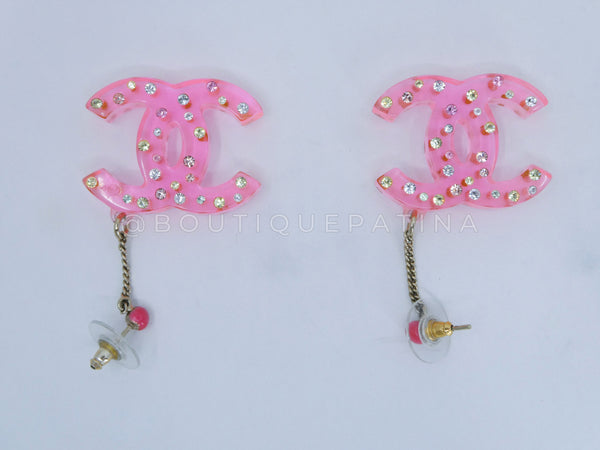 Chanel Vintage 04A Pink Clear Resin CC Logo Crystal Studded Drop Earrings